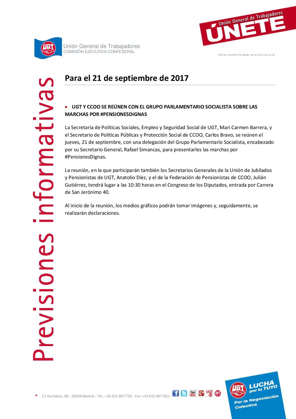 UGT y CCOO se reúnen con el GPS por las marchas de las pensiones